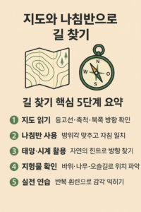 베이지톤 배경 위에 ‘지도와 나침반으로 길 찾기’라는 제목이 중앙 상단에 선명하게 배치된 인포그래픽