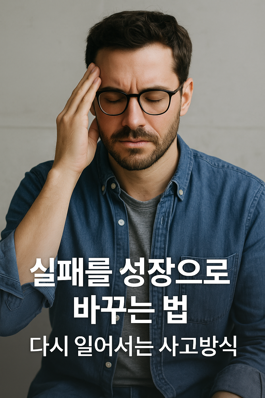 실패를 성장으로 바꾸는 법을 주제로 한 남성이 생각에 잠긴 모습, 다시 일어서는 성장 마인드를 표현한 현대적인 이미지