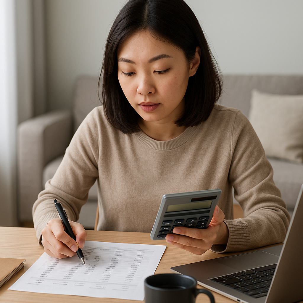초보자가 노트북과 계산기로 가계부를 정리하는 재테크 장면. 생활 속 돈 관리와 절약 습관을 배우는 모습