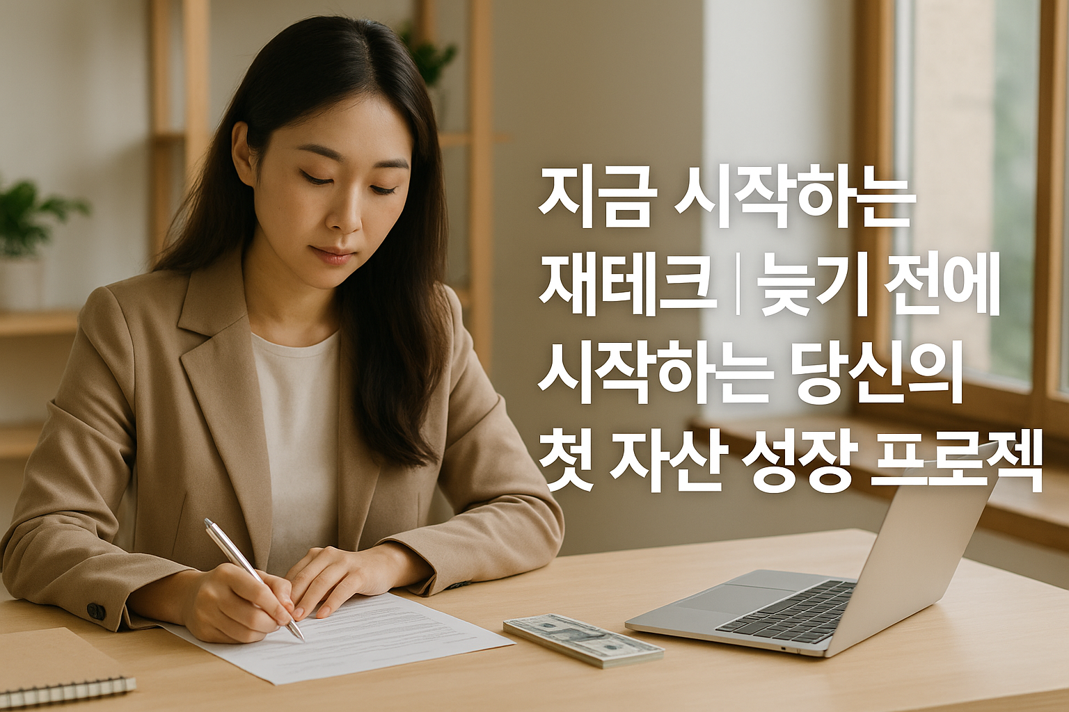 밝은 사무실에서 노트북으로 블로그를 작성하는 모습, 재테크 관련 콘텐츠 썸네일