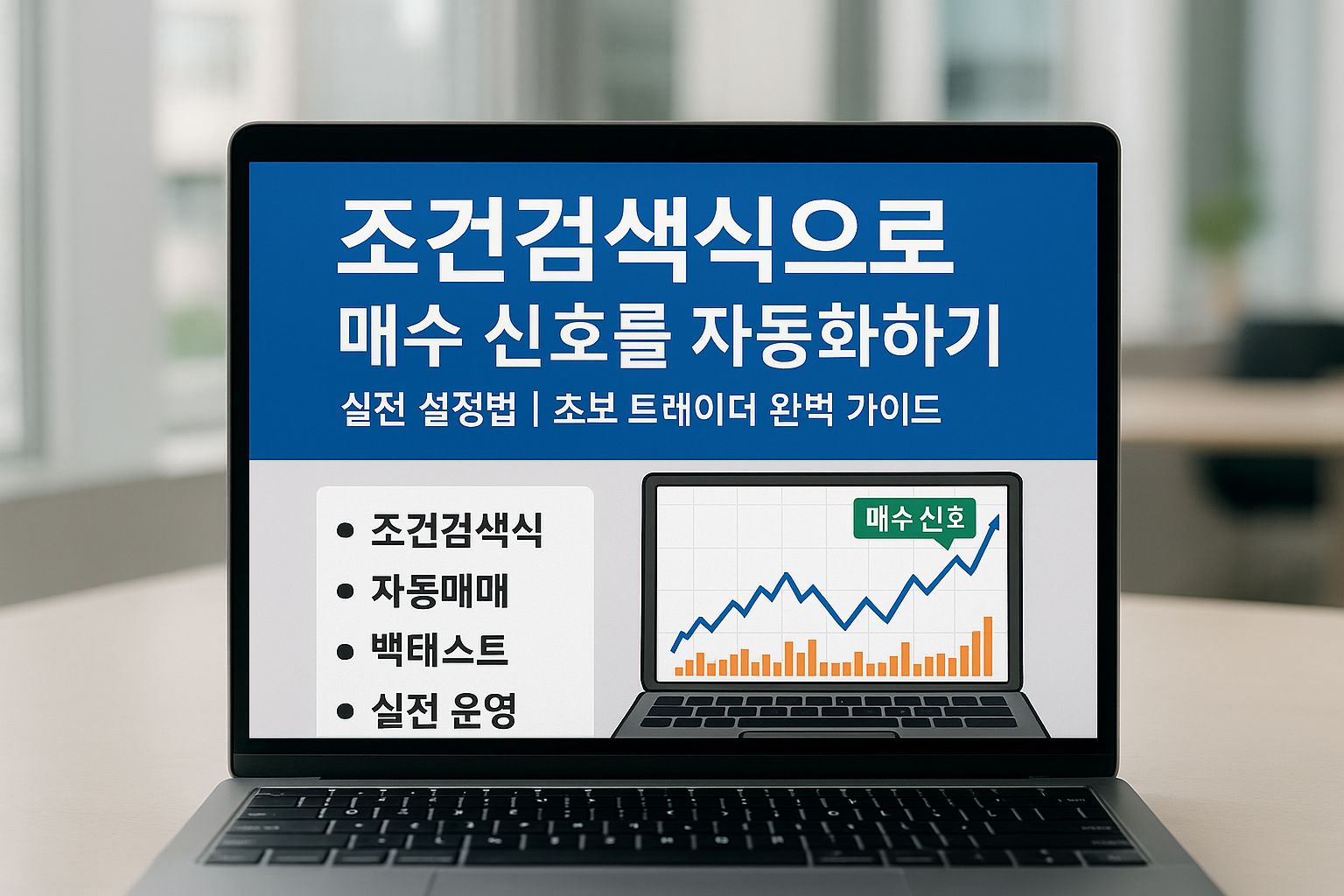 밝은 자연광이 들어오는 현대적인 사무공간에서 노트북 화면에 ‘조건검색식으로 매수 신호를 자동화하기’ 문구와 상승 차트가 표시된 실물 사진