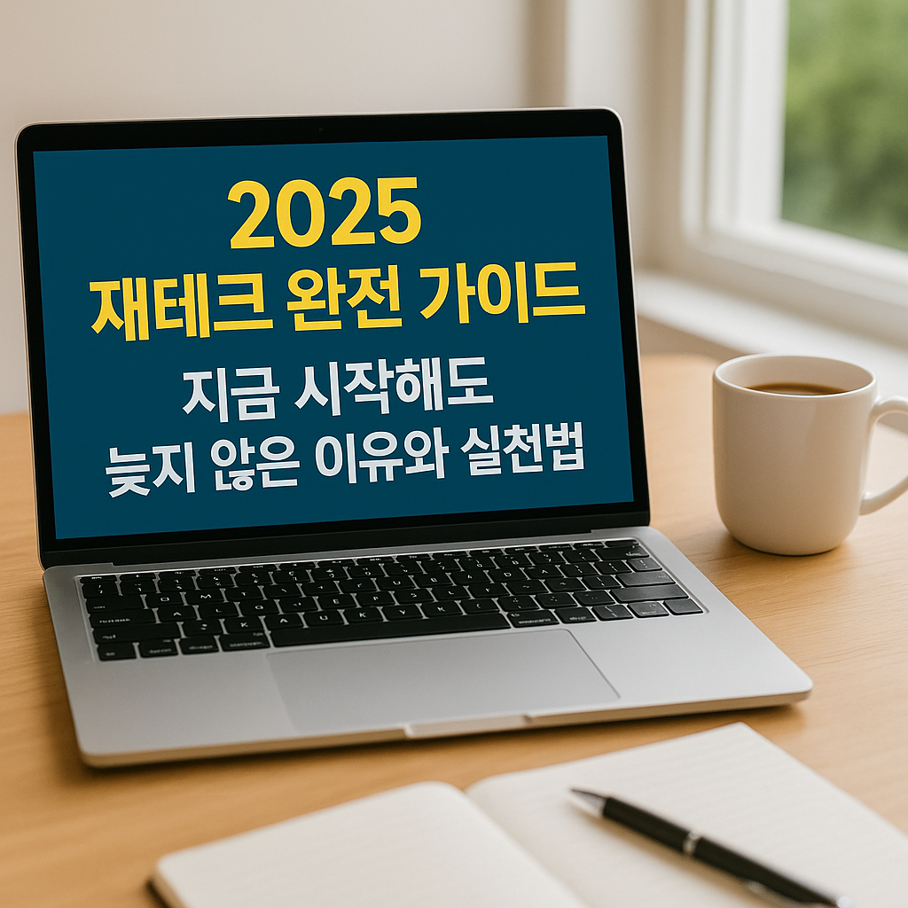 우드톤 책상 위에 노트북이 열려 있고, 화면에는 ‘2025 재테크 완전 가이드