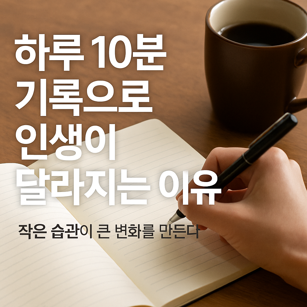 노트에 펜으로 글을 쓰는 손과 커피잔이 놓인 따뜻한 아침 책상, ‘하루 10분 기록으로 인생이 달라지는 이유’ 문구가 들어간 블로그 썸네일 이미지