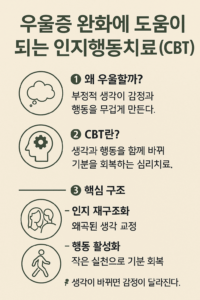 우울증 완화에 도움이 되는 인지행동치료(CBT)’ 제목의 한글 인포그래픽