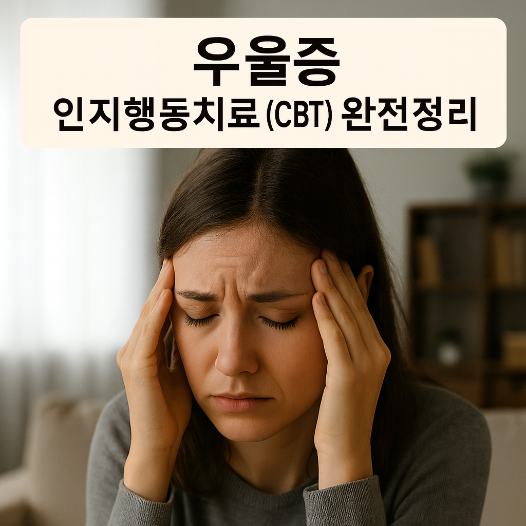 우울증 완화에 도움이 되는 인지행동치료(CBT) 완전정리” 문구가 들어간 썸네일. 햇살이 드는 방 안에서 고민하는 여성의 모습이 따뜻한 색감으로 표현된 사진