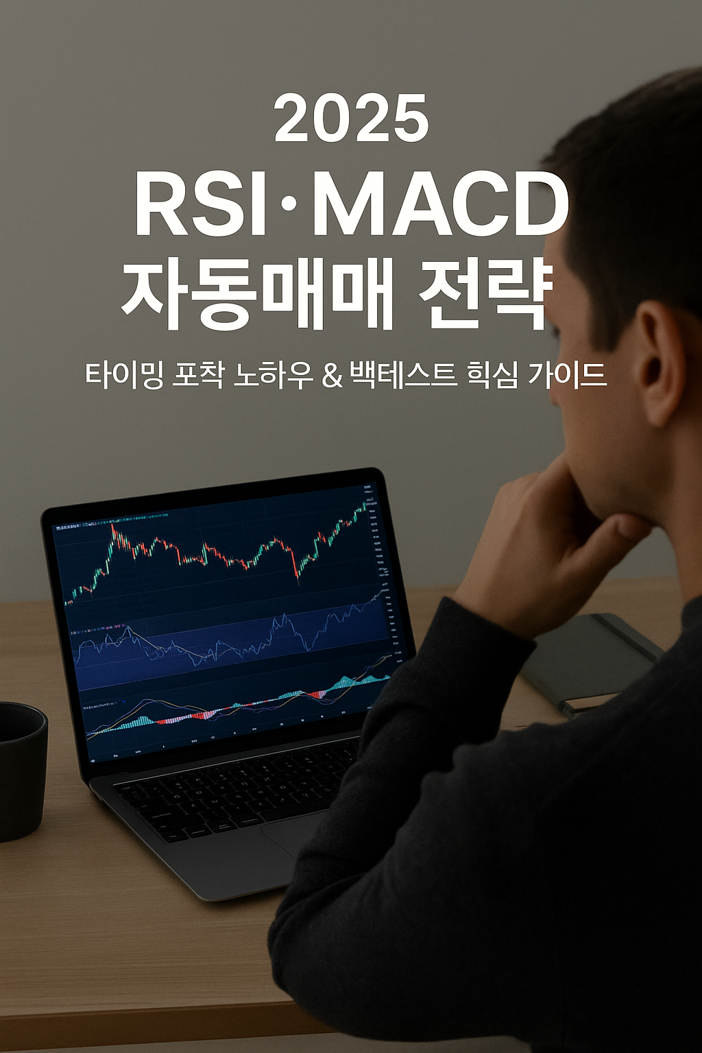 RSI와 MACD 지표가 표시된 차트를 노트북 화면으로 분석하며 자동매매 전략을 연구하는 트레이더의 모습
