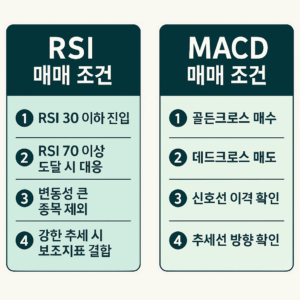 RSI 매매 조건을 정리한 디지털 인포그래픽 카드.MACD 매매 조건을 설명하는 디지털 인포그래픽.