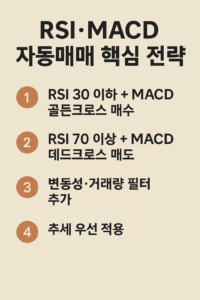 RSI·MACD 자동매매 핵심 전략을 정리한 2D 디지털 인포그래픽