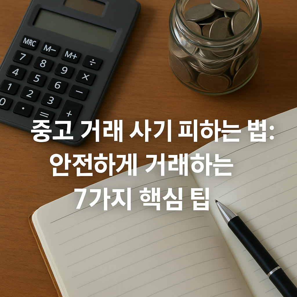 책상 위에 계산기, 동전이 담긴 유리병, 노트와 펜이 놓여 있고, ‘중고 거래 사기 피하는 법: 안전하게 거래하는 7가지 핵심 팁’ 문구가 적힌 이미지.
