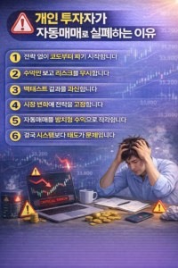 자동매매에서 개인 투자자가 흔히 겪는 실패 원인을 6가지 포인트로 정리한 인포그래픽