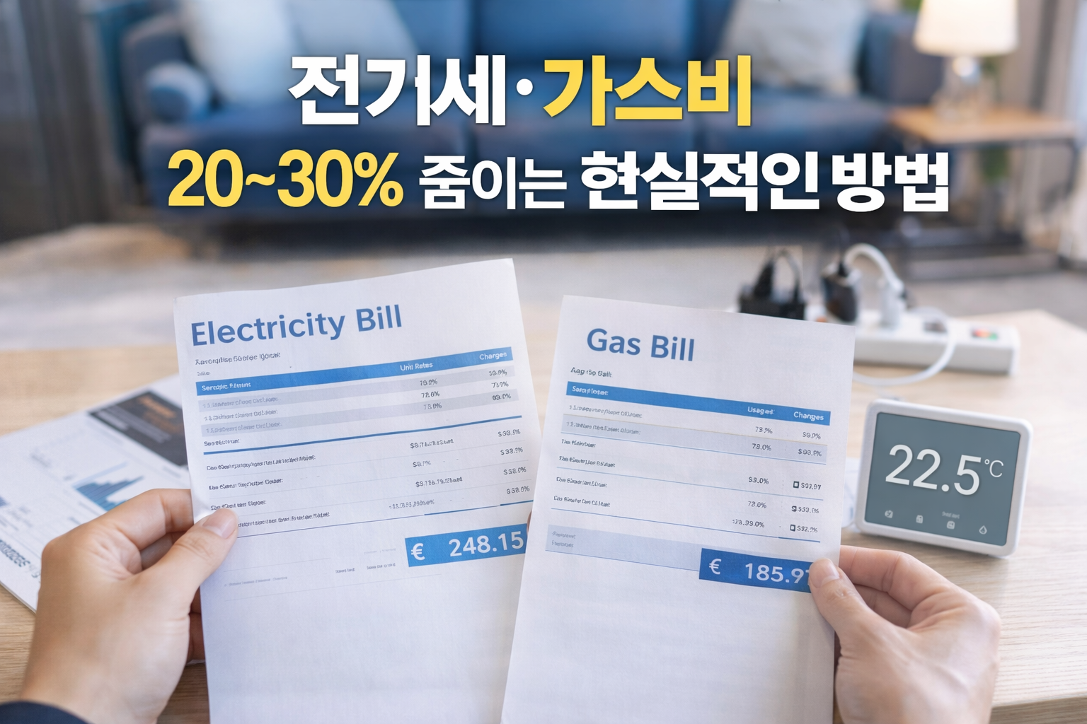 전기세와 가스비 고지서를 통해 생활 속 에너지 절약의 중요성을 시각적으로 표현한 썸네일