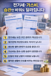 전기세·가스비 절약의 핵심을 생활 습관 중심으로 정리한 인포그래픽