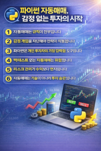 파이썬을 활용한 주식 자동매매의 핵심 개념을 6가지 원칙으로 정리한 인포그래픽