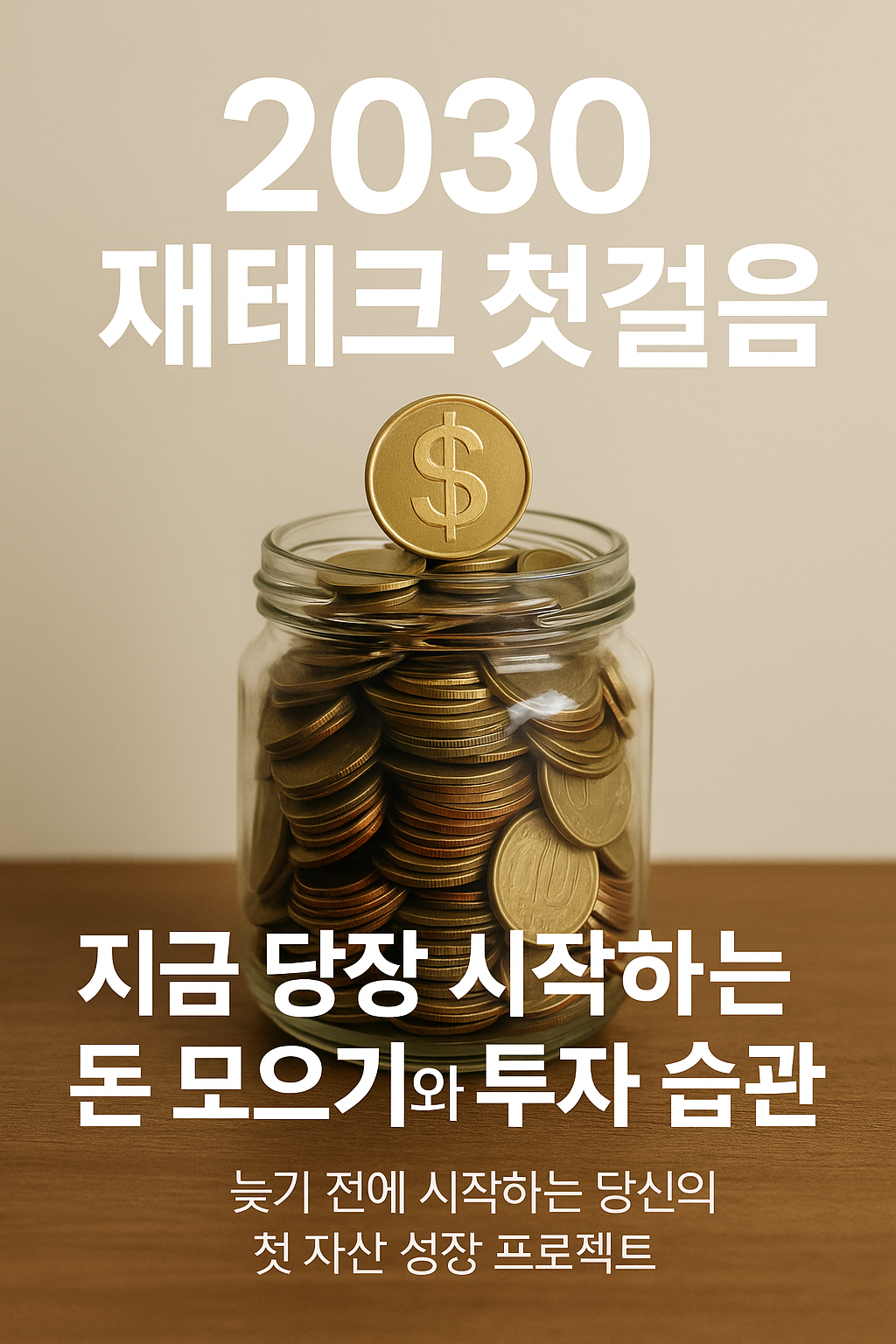 유리병에 가득 담긴 금색 동전 위로 달러 표시 코인이 올려진 사진. ‘2030 재테크 첫걸음｜지금 당장 시작하는 돈 모으기와 투자 습관’ 문구가 중앙에 적힌 썸네일 이미지.
