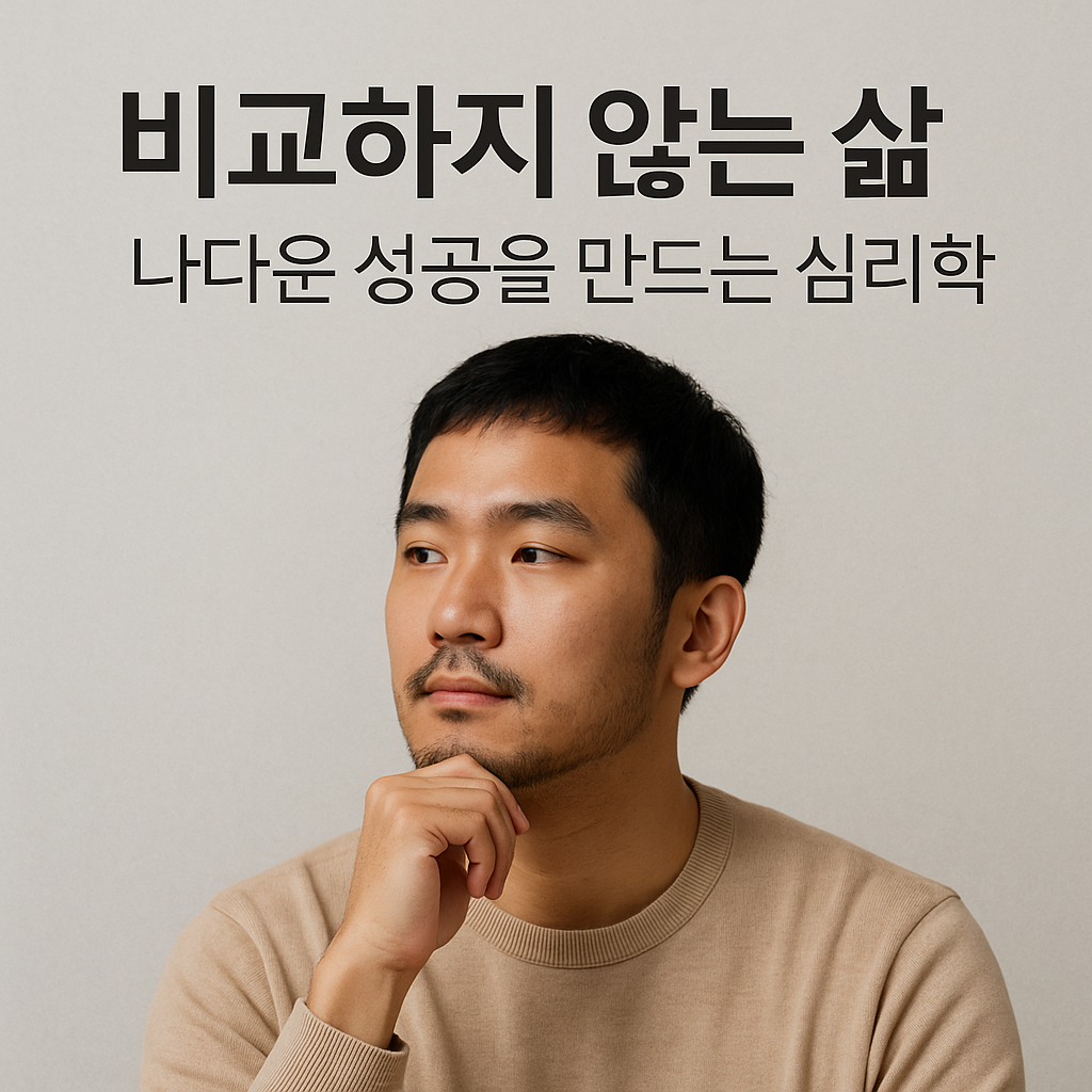 비교하지 않는 삶을 주제로 한 남성이 생각에 잠긴 모습, 나다운 성공과 자기수용을 상징하는 현대적인 이미지