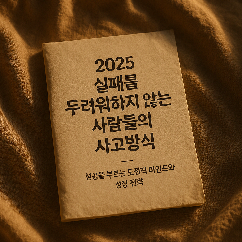 따뜻한 조명이 비치는 연베이지색 침대 위에 ‘2025 실패를 두려워하지 않는 사람들의 사고방식｜성공을 부르는 도전적 마인드와 성장 전략’ 문구가 인쇄된 종이가 놓여 있는 감성적인 실물 사진