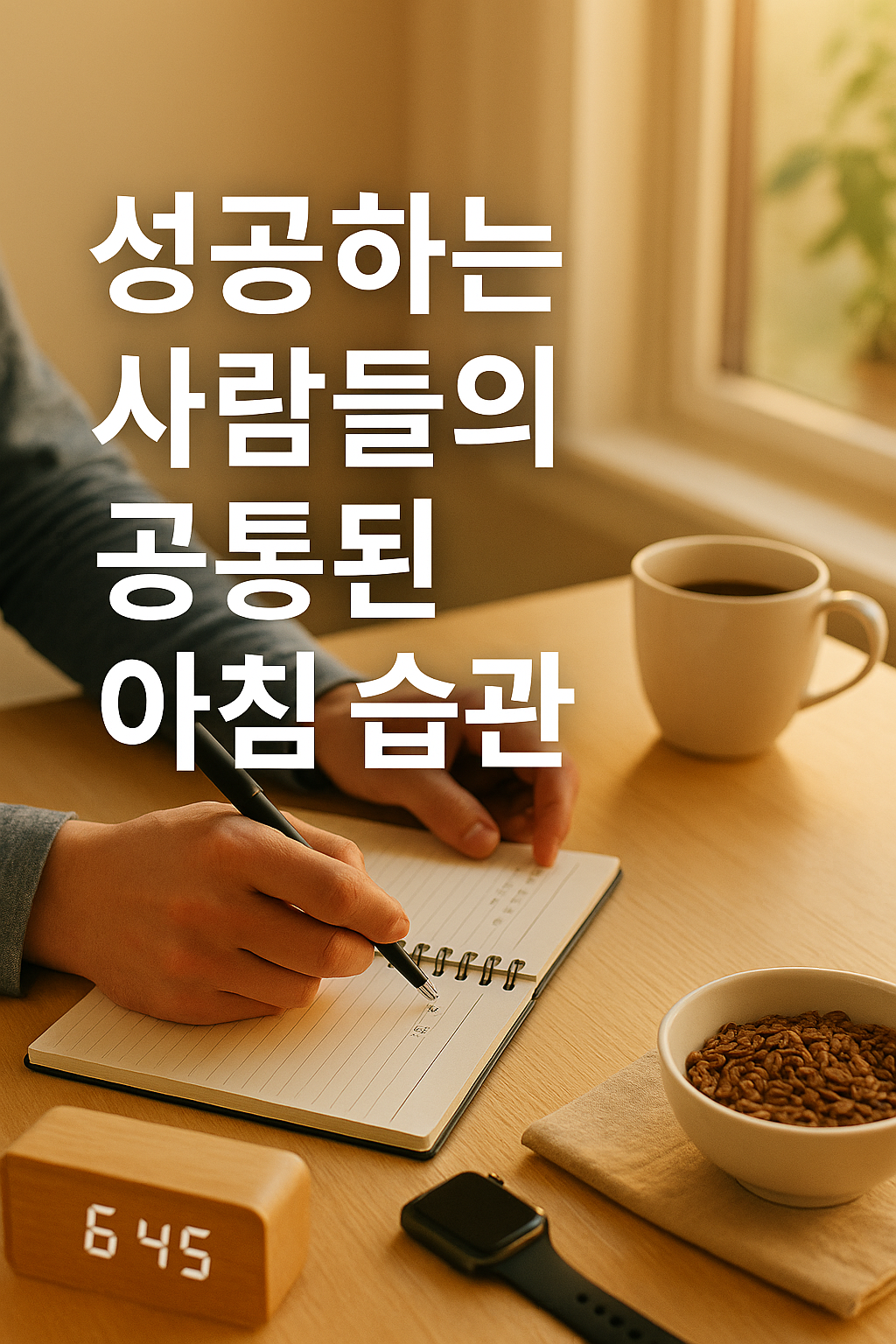 성공하는 사람들의 아침 루틴을 표현한 사진. 따뜻한 햇살 아래 커피와 노트, 알람시계가 놓여 있고 성공 습관을 기록하는 장면