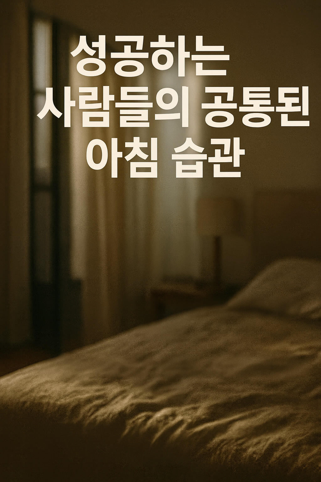 따뜻한 아침 햇살이 비추는 침실, 부드러운 커튼 사이로 들어오는 자연광과 차분한 분위기 속에 ‘성공하는 사람들의 공통된 아침 습관’이라는 제목이 선명하게 보이는 썸네일 이미지
