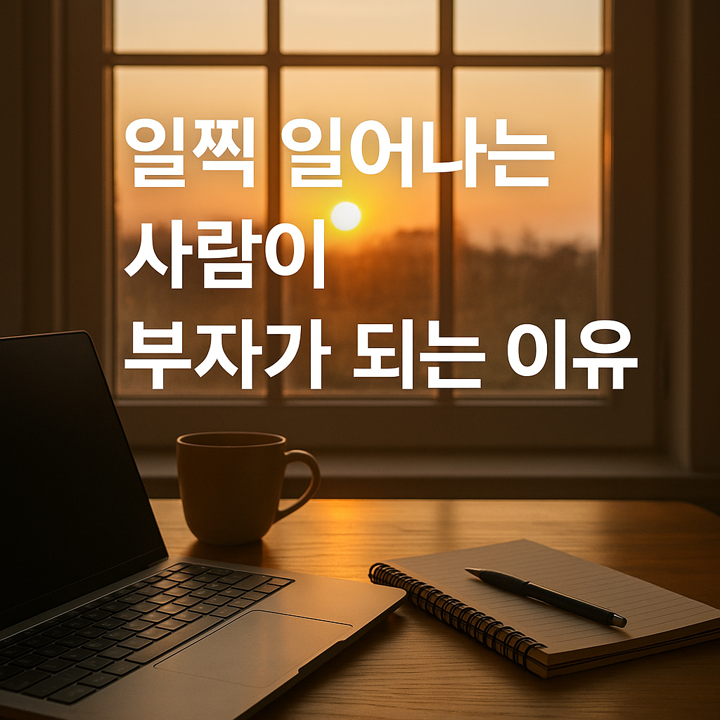 해가 떠오르는 아침 창가에서 커피잔과 노트북, 노트가 놓인 테이블. 일찍 일어나는 사람의 부자 마인드와 성공 습관을 상징하는 실물사진