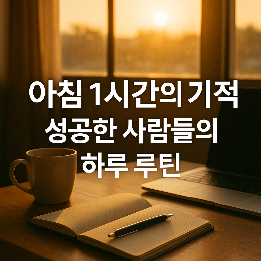 아침 햇살이 비치는 창가에서 커피 한 잔과 노트, 노트북이 놓인 모습. 성공한 사람들의 하루 루틴과 아침 1시간의 기적을 상징하는 워드프레스 블로그용 썸네일 이미지