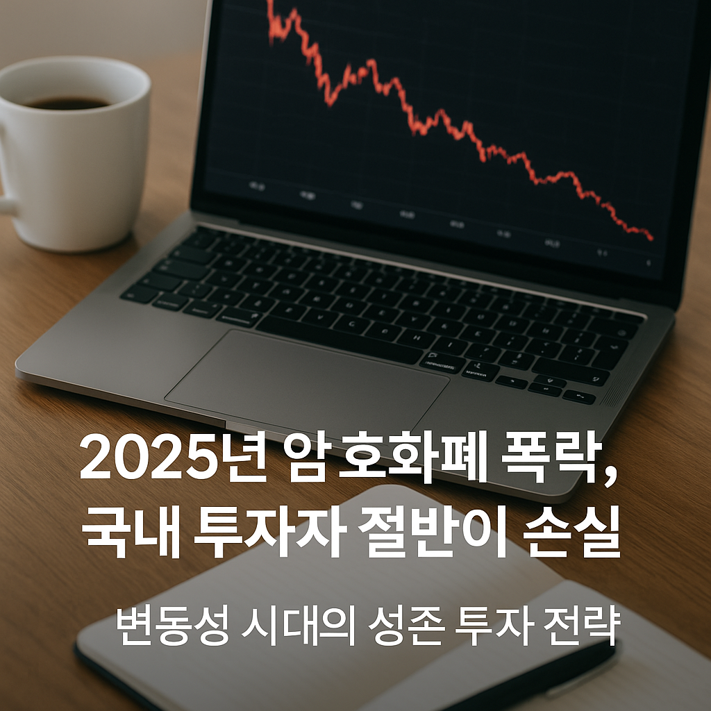 노트북 화면에 급락하는 암호화폐 차트가 표시되고, 옆에는 커피잔과 노트, 펜이 놓인 현대적인 사무공간 실물사진