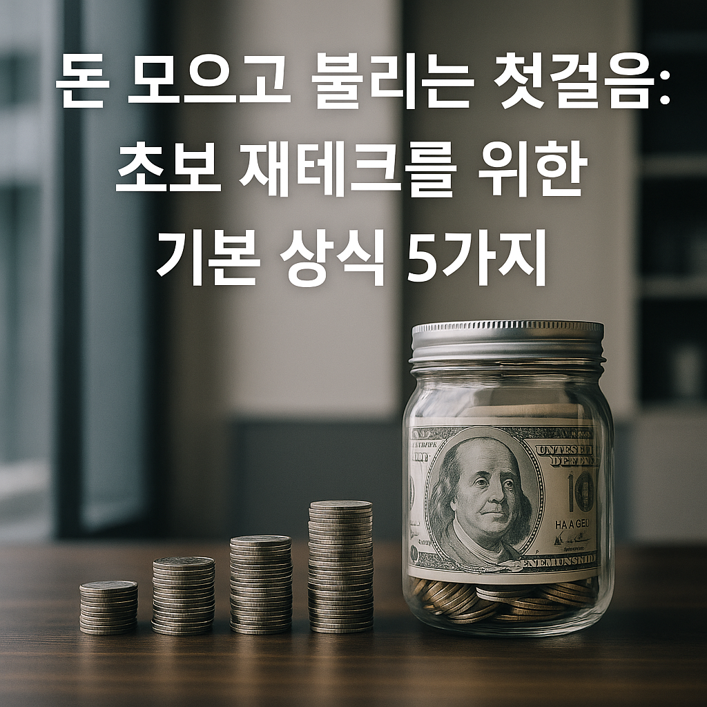 돈 모으고 불리는 재테크의 기본 개념을 상징하는 이미지로, 동전이 차곡차곡 쌓이고 달러 지폐가 담긴 유리병이 있는 현대적 금융 컨셉의 사진