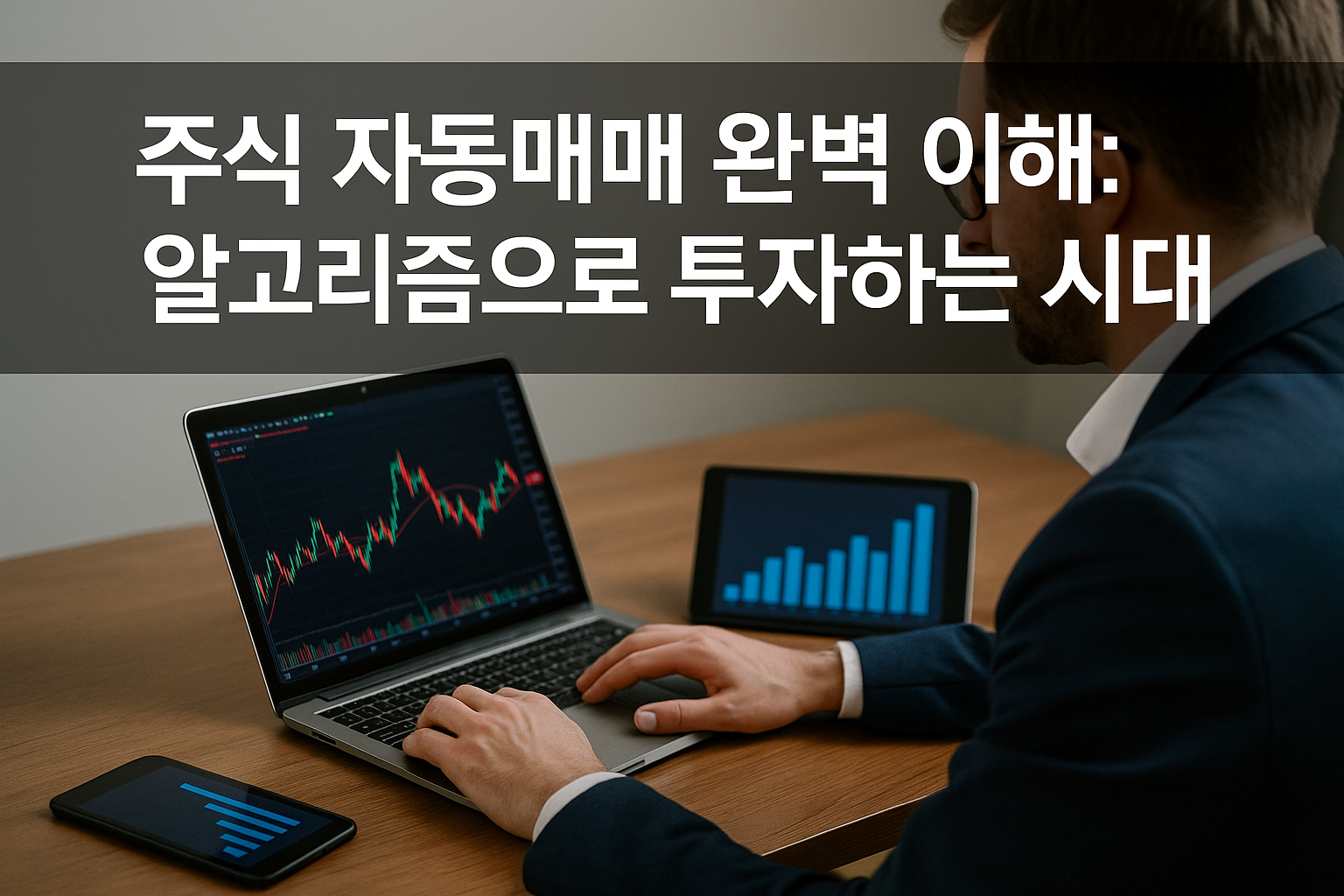 정장을 입은 투자 전문가가 노트북과 태블릿 화면의 주식 차트를 분석하며 자동매매 알고리즘을 연구하는 모습. 주식 자동매매 완벽 이해: 알고리즘으로 투자하는 시대 문구가 상단에 표시된 이미지
