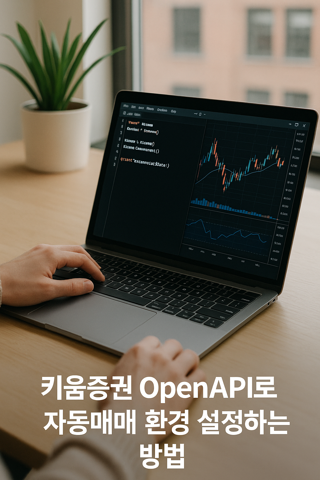 파이썬과 키움증권 OpenAPI로 주식 자동매매 시스템을 구축하는 장면. 주식 차트와 코드가 함께 보이는 현대적인 작업 환경.