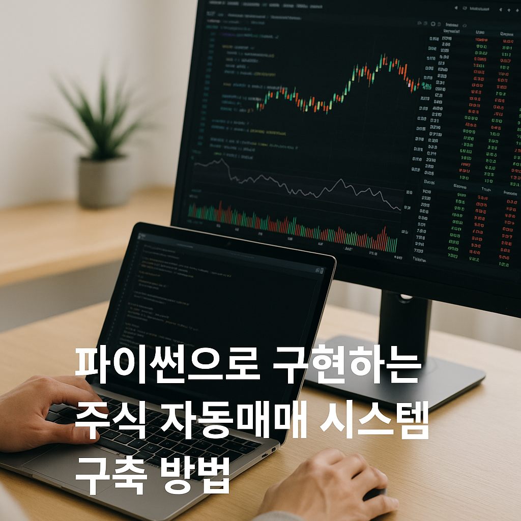 파이썬으로 주식 자동매매 시스템을 구축하는 장면. 노트북 화면에 주식 차트와 파이썬 코드가 함께 보이는 현대적인 사무실 배경