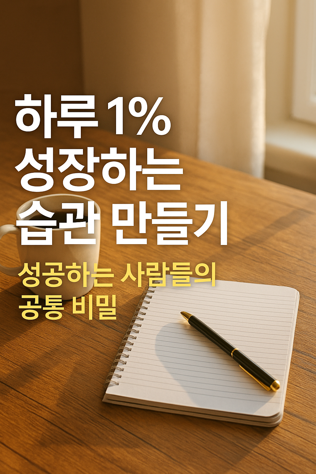 밝은 아침 햇살 아래 커피 한 잔과 노트가 놓인 책상, 하루 1% 성장을 상징하는 장면