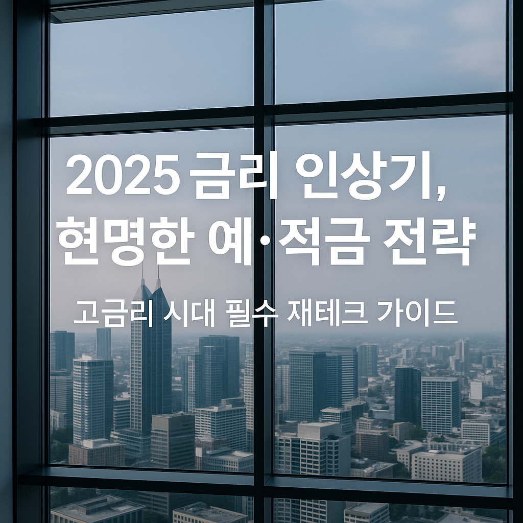 , ‘2025 금리 인상기, 현명한 예·적금 전략’이라는 문구가 선명하게 배치된 모던하고 깔끔한 스타일의 썸네일 이미지