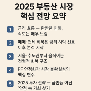 금리 흐름·매매·전세 회복·수도권 중심 회복 구조·PF 안정화·2025 투자 전략 등을 항목별로 정리한 베이지 톤 인포그래픽 이미지