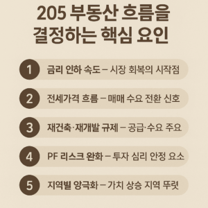 금리 인하 속도·전세가격 흐름·재건축·재개발 규제·PF 리스크 완화·지역별 양극화 등 5가지 요소를 베이지 톤과 브라운 포인트 디자인으로 정리한 인포그래픽 이미지