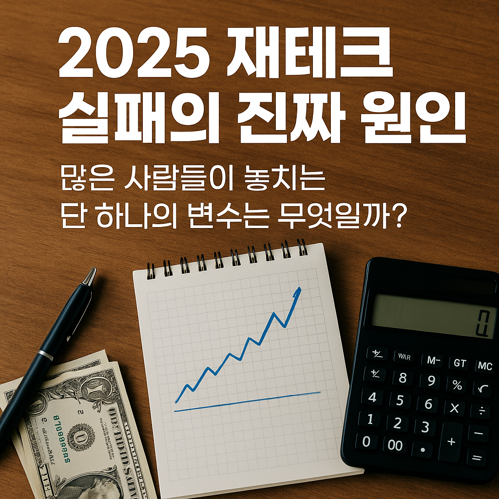 책상에 앉아 계산기를 들고 고민하는 남성이 ‘2025 재테크 실패의 진짜 원인’이라는 문구와 함께 등장하는 현대적 분위기의 실사 썸네일 이미지