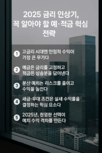 , ‘2025 금리 인상기, 꼭 알아야 할 예·적금 핵심 전략’이라는 제목과 5가지 재테크 전략 문구가 선명하게 배치된 깔끔하고 모던한 인포그래픽 이미지