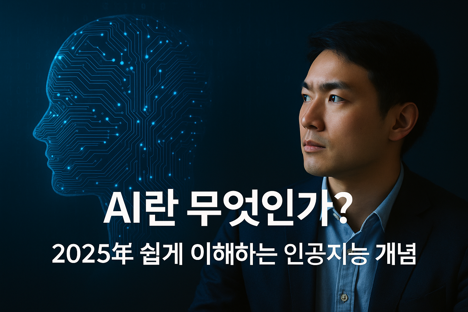 “어두운 블루 톤 배경 앞에서 인공지능(AI) 두뇌를 형상화한 디지털 회로 이미지와, 그 옆에서 AI 개념을 바라보듯 생각하는 표정의 동양인 남성이 나란히 배치된 현대적인 기술 컨셉의 썸네일 사진.”