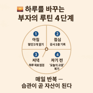 하루를 바꾸는 부자의 루틴 4단계가 명확히 표기되어 있고, 중앙의 시계형 원 그래픽