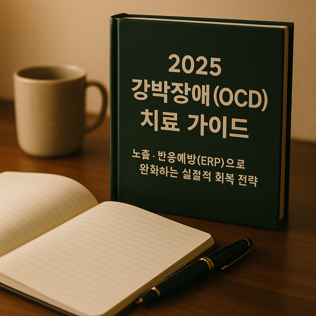 따뜻한 자연광이 비추는 우드톤 책상 위에 ‘2025 강박장애(OCD) 치료 가이드