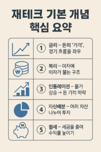 재테크 기본 개념을 간결하게 정리한 인포그래픽. 금리, 복리, 인플레이션, 자산배분, 절세 등 5가지 핵심 금융 개념이 아이콘과 함께 정리된 현대적 디자인