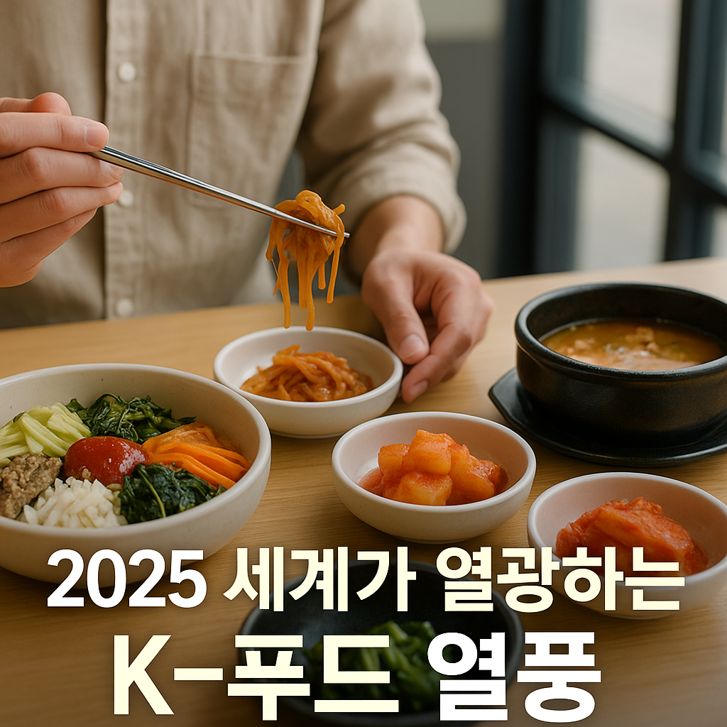비빔밥, 김치, 찌개 등 한식이 세련된 테이블 위에 담긴 현대적인 K-푸드 썸네일 이미지