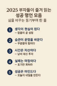 따뜻한 베이지톤 배경 위에 ‘2025 부자들이 즐겨 읽는 성공 명언 모음｜삶을 바꾸는 동기부여 한 줄’ 제목이 중앙 상단에 정렬되어 있는 인포그래