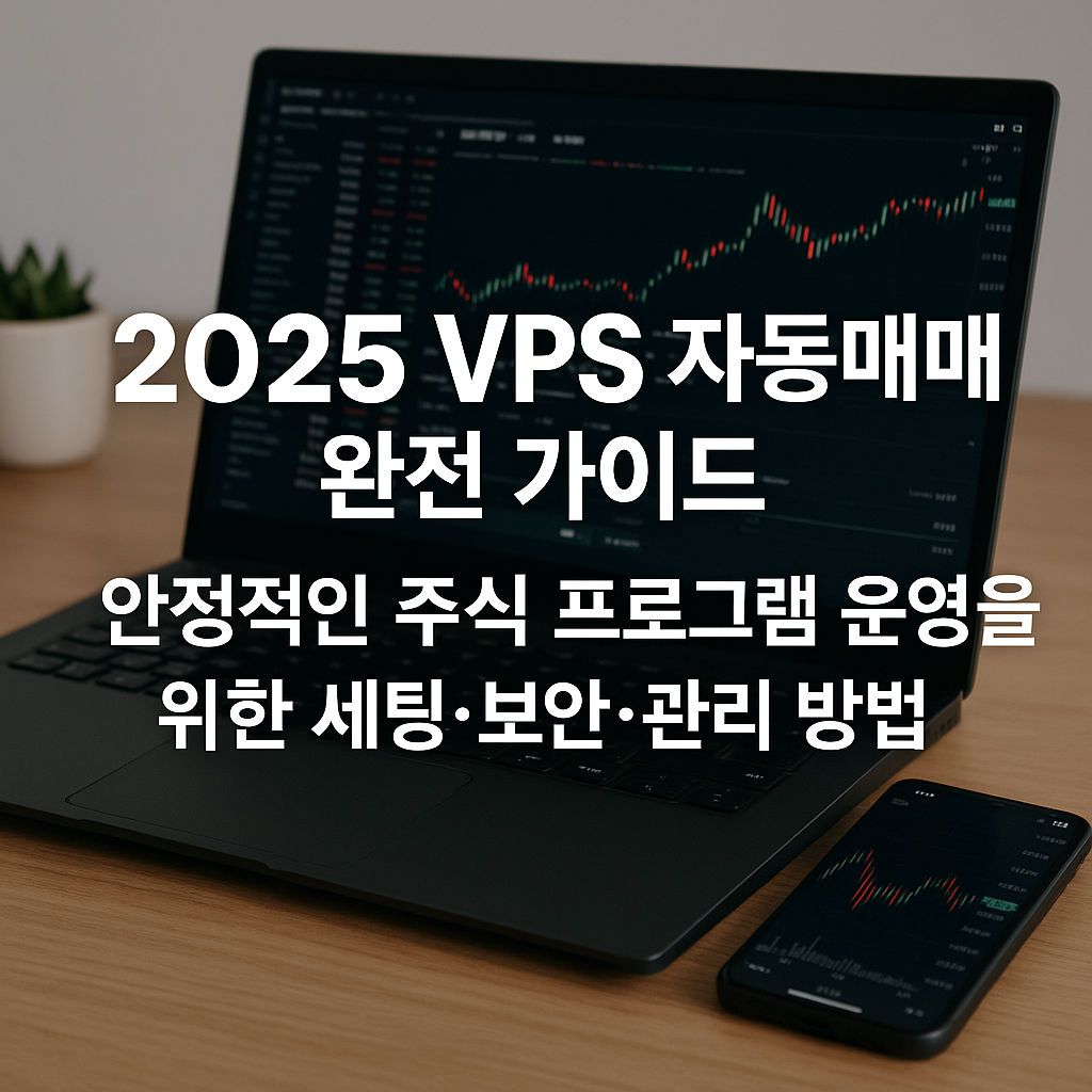 주식 차트가 띄워진 노트북과 스마트폰이 놓여 있는 현대적인 작업 공간에 ‘2025 VPS 자동매매 완전 가이드’라는 제목이 들어간 썸네일 이미지