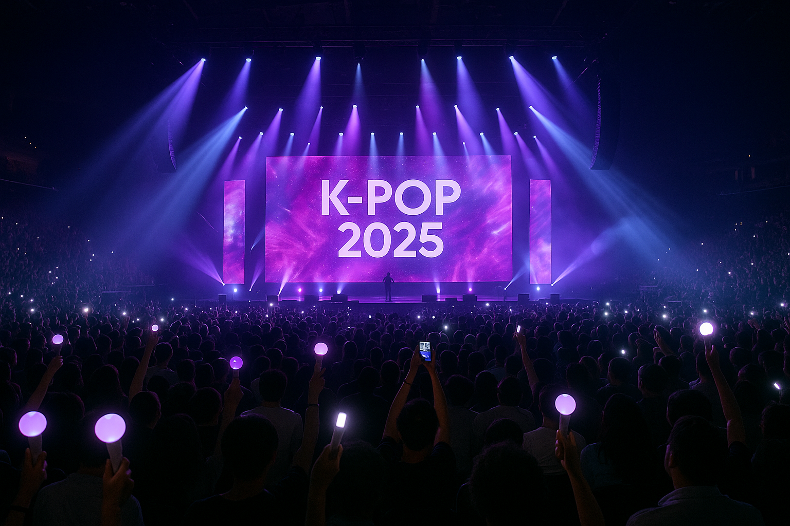 2025년 K-POP 콘서트에서 다양한 국적의 글로벌 팬들이 응원봉을 들고 환호하는 현대적인 공연장 모습