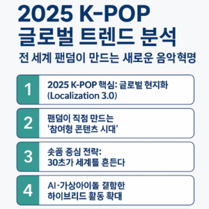 2025년 K-POP 글로벌 트렌드 5가지를 현대적인 디자인으로 정리한 인포그래픽 이미지