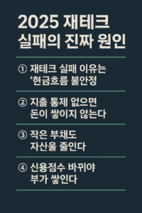 2025 재테크 실패의 진짜 원인을 요약한 인포그래픽으로, 현금흐름 불안정·지출 통제 부재·부채·신용점수·재테크 구조의 중요성