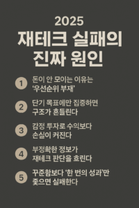 ‘2025 재테크 실패의 진짜 원인’이라는 제목과 함께 우선순위·단기 목표·감정 투자·잘못된 정보·지속성 부족을 요약한 5줄 문구가 배치된 현대적 인포그래픽 이미지