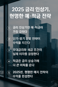 , ‘2025 금리 인상기, 현명한 예·적금 전략’이라는 제목과 5가지 금융 전략 문구가 깔끔하게 배열된 현대적인 스타일의 인포그래픽 이미지