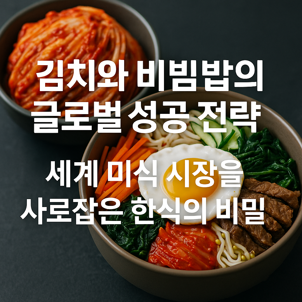 비빔밥과 김치를 근접 촬영한 음식 사진으로, 다크톤 배경 위에서 한식의 색감과 질감이 강조된 현대적인 이미지.