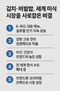 김치와 비빔밥의 글로벌 인기를 설명하는 한국어 인포그래픽 이미지. K-푸드 대표 메뉴의 세계적 성장 요인을 5가지 항목으로 정리한 디자인