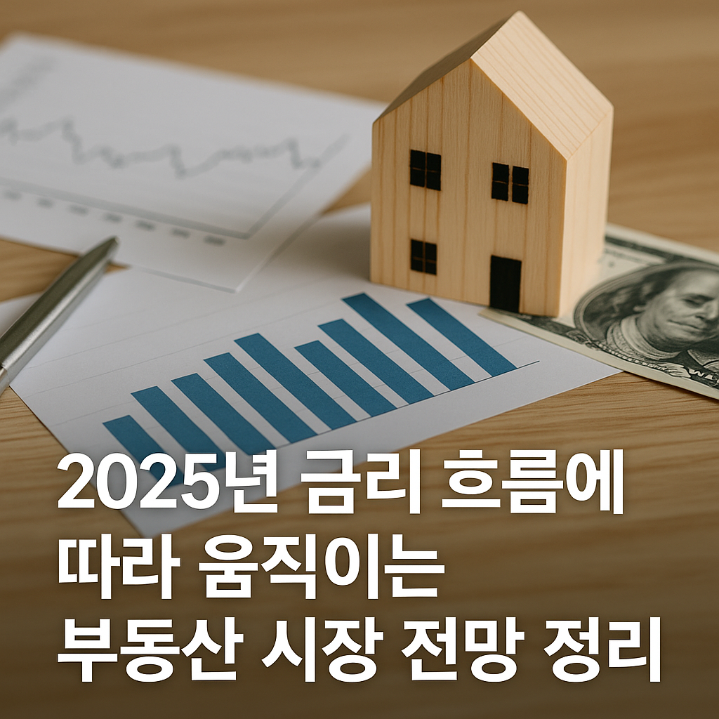 ‘2025년 금리 흐름에 따라 움직이는 부동산 시장 전망 정리’라는 문구가 적힌 현대적 스타일의 재테크·부동산 썸네일 이미지